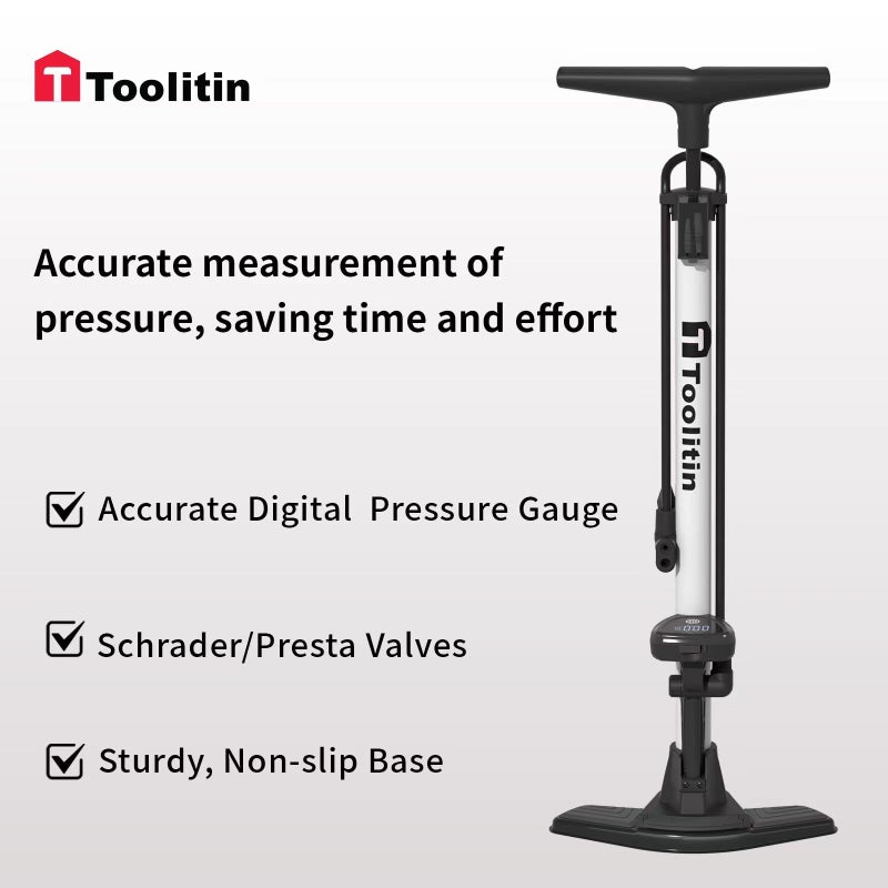 TOOLITIN Pro Bike Pump, Ergonomic Bicycle Pump with Integrated Handle Mounted Pressure Gauge, 180 Psi, Fits Presta and Schrader Valve - Image 4